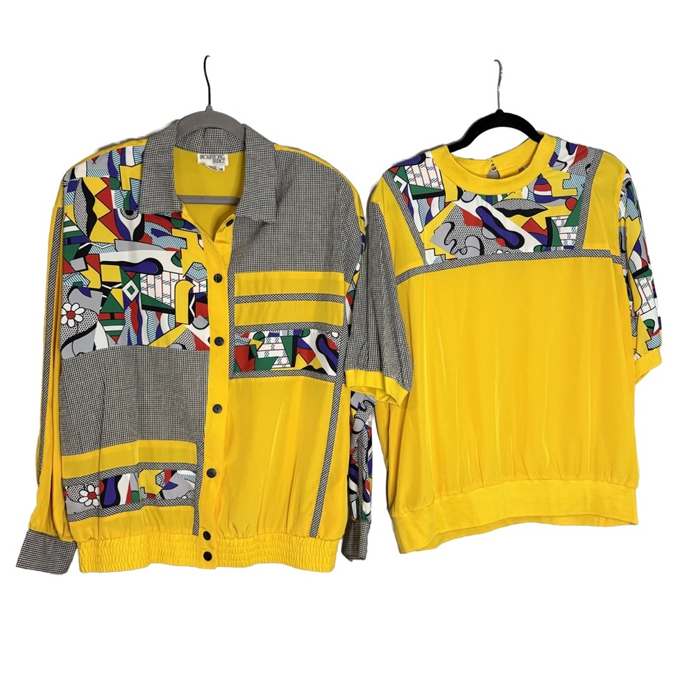 Vintage Brownstone Studio Blouse Jacket Set Yellow 2X Memphis Style Geometric